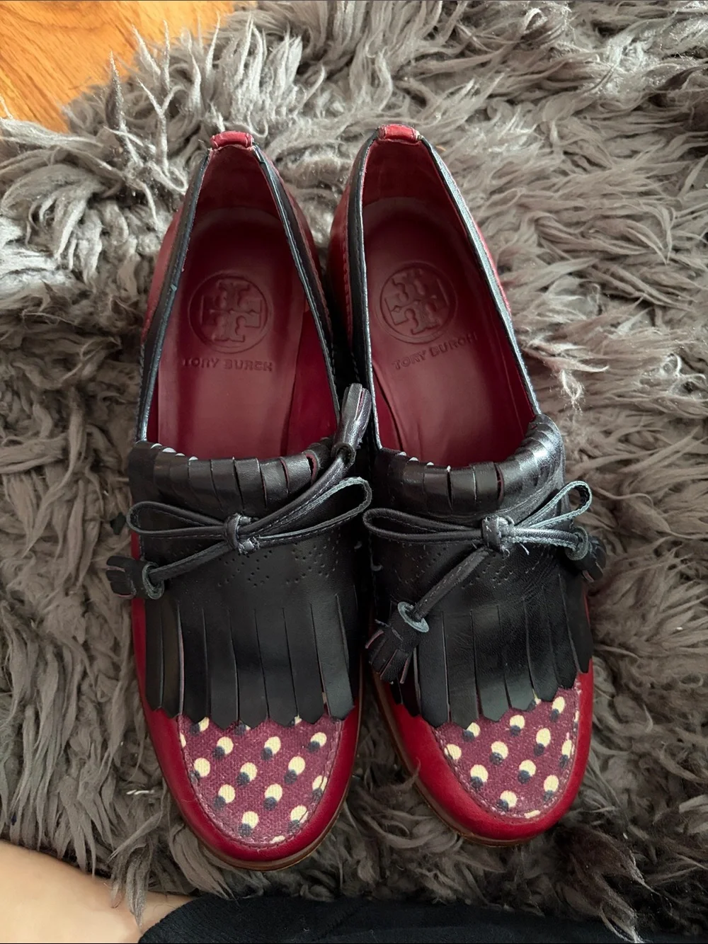 Tory Burch Red and Black Fringe Kiltie Loafers - 6.5
